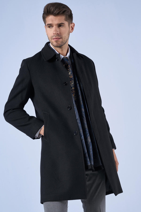 Suitmen Bebe Yaka Uzun Kaşe Kaban Siyah