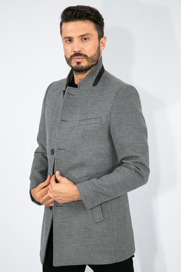 Suitmen Dik Yaka Kaşe Kaban Gri
