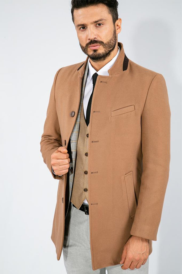 Suitmen Dik Yaka Kaşe Kaban Koyu Camel 125051072-048