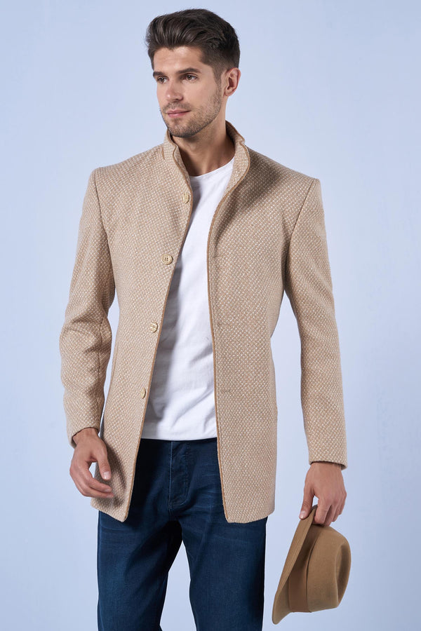 Suitmen Dik Yaka Yünlü Kaşe Kaban Bej