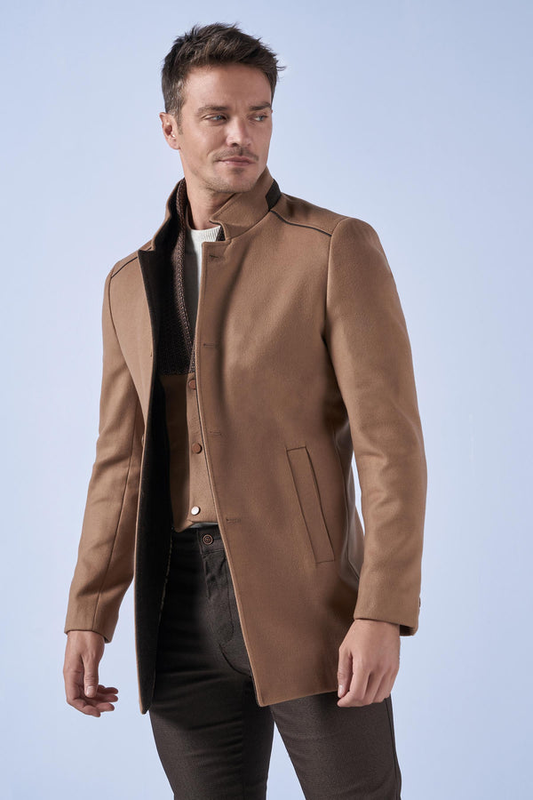 Suitmen İç Yelekli Dik Yaka Kaşe Kaban K.Camel
