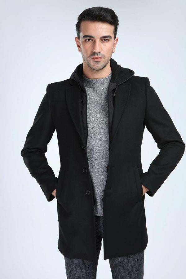 Suitmen Kapşanlu Yaka Kaşe Kaban Siyah