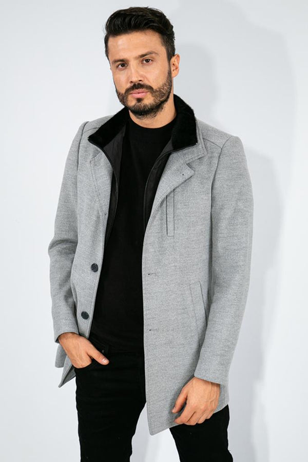 Suitmen Kürklü Yaka Kaşe Kaban Açık Gri