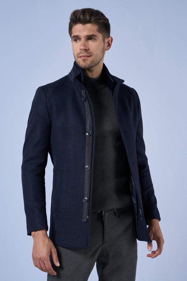 Suitmen Kürklü Yaka Kaşe Kaban Lacivert