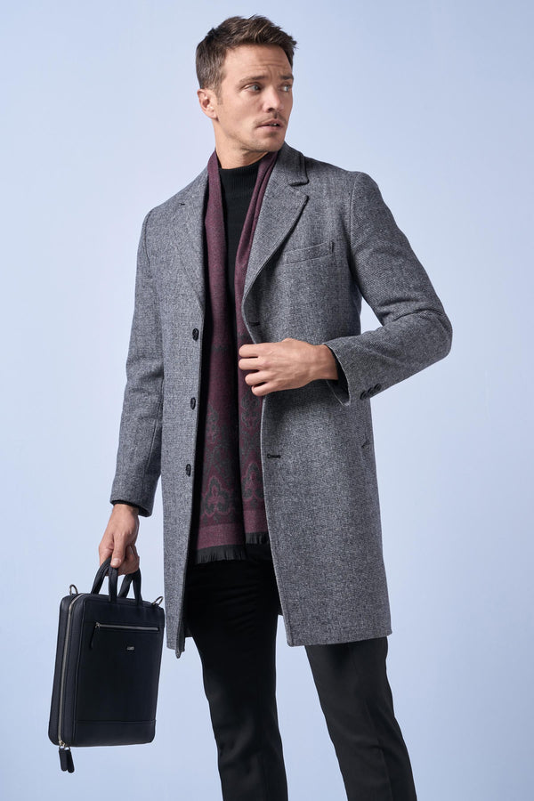 Suitmen Mono Yaka Fitilli Uzun Kaşe Kaban A.Gri