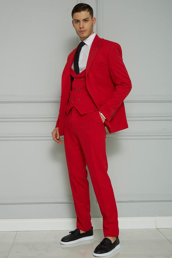 Suitmen Süper Slim Fit Yelekli Takım Elbise Kırmızı