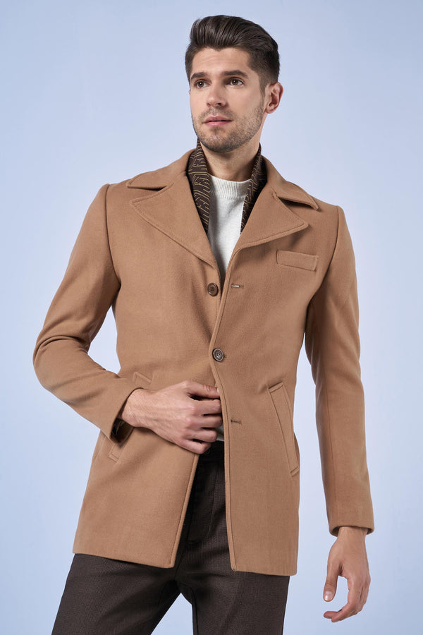 Suitmen Yaka Detaylı Kaşe Kaban Camel